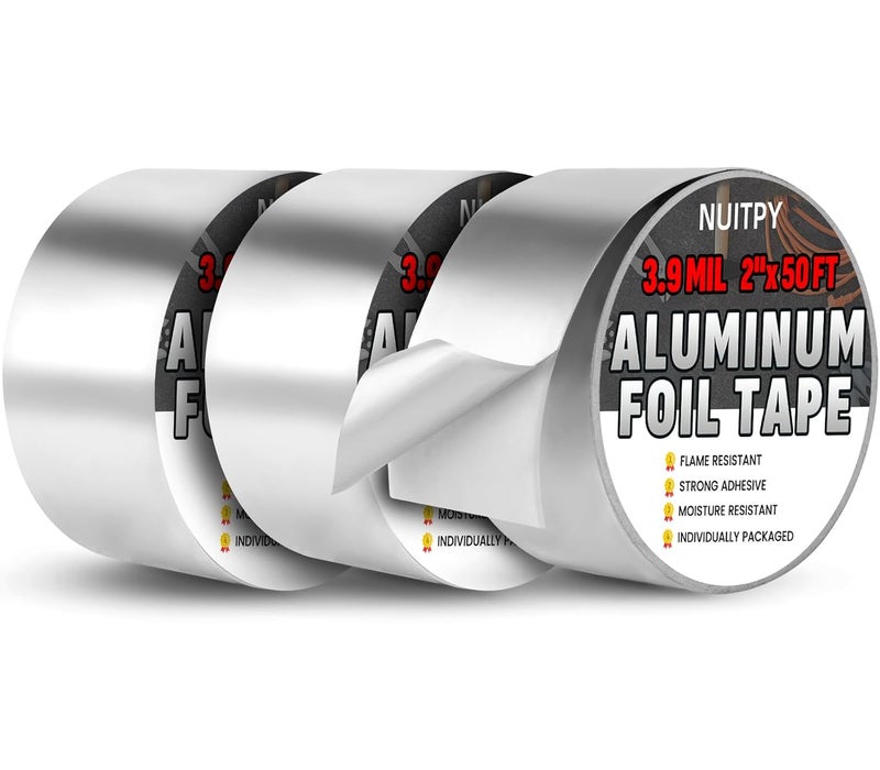 NUITPY 3 Pack Aluminum Foil Tape, 3.9 mil 2" x 150 Feet Total Foil Tape, Silver High Temperature Tape, Metal Tapes, Seal HVAC Tape, Insulation Foil Tape for Ductwork, HVAC, Dryer Vent, Seal - Image 1